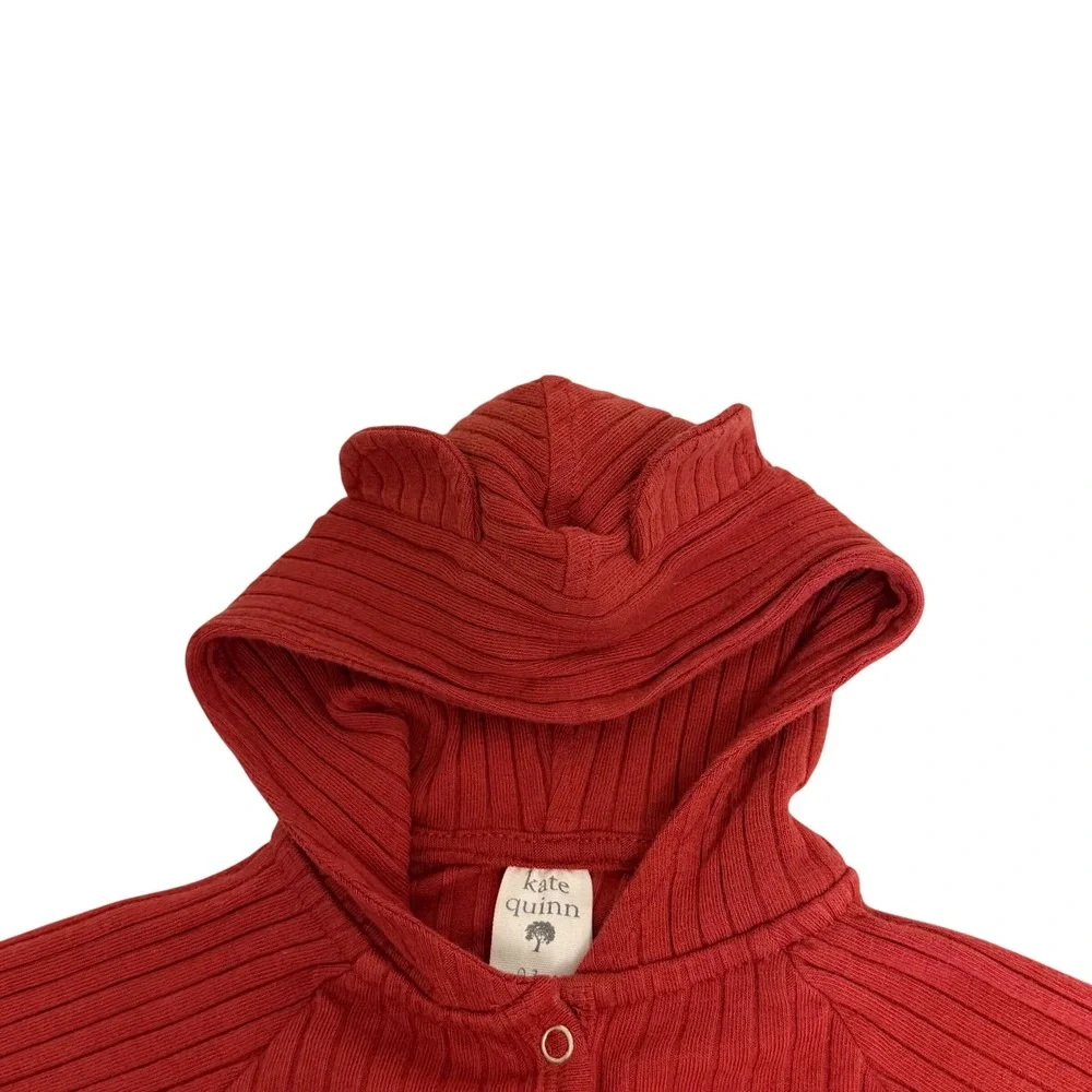 Kate Quinn Red Ribbed Organic Cotton Bear Ear Hooded Footie Romper 0-3M